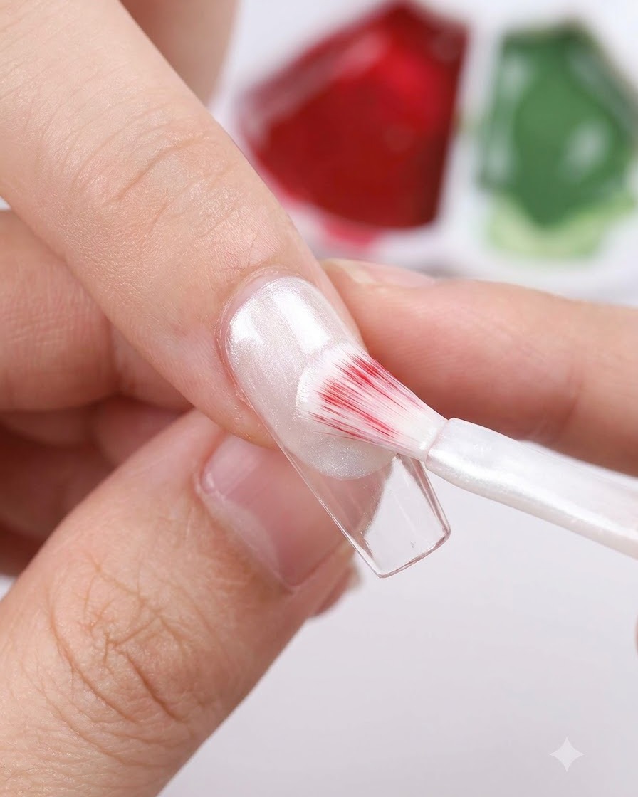 Eine Hand trägt mit einem flachen Pinsel schimmerndes, weißes Perlmutt-Gel auf eine durchsichtige Nagelspitze auf.