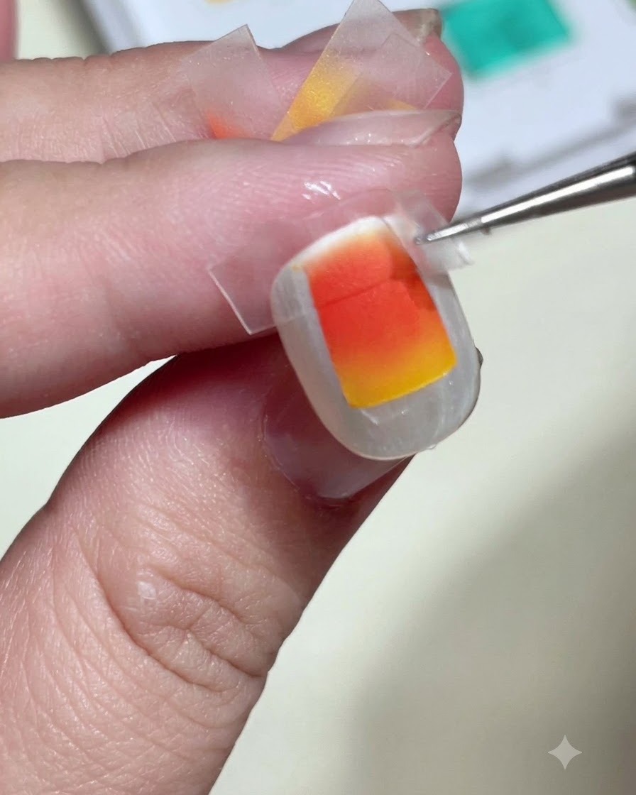 Eine Pinzette zieht vorsichtig das durchsichtige Klebeband von einem Nagel ab, um ein gestochen scharfes, orange-gelbes Sonnenuntergangs-Quadrat freizulegen.
