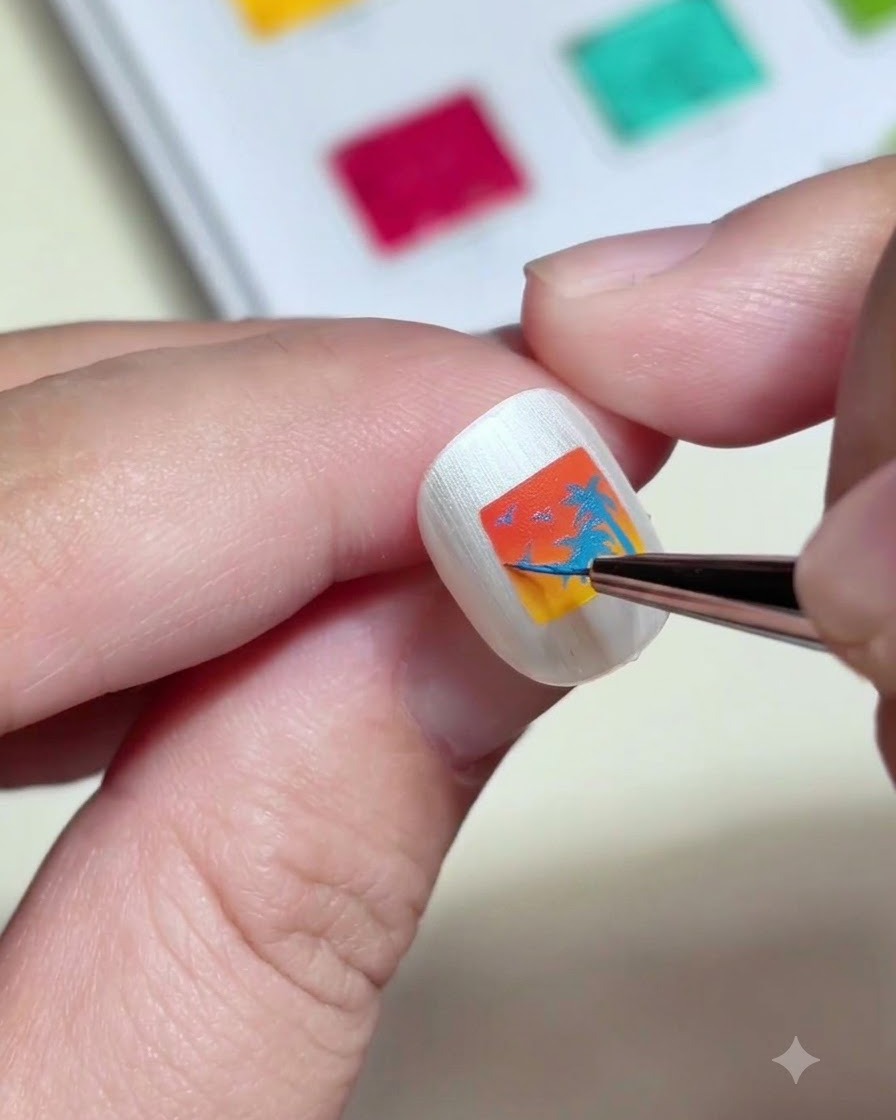Ein Detailpinsel malt winzige blaue Palmen und Vögel in ein quadratisches Sonnenuntergangsdesign auf einem Nagel.