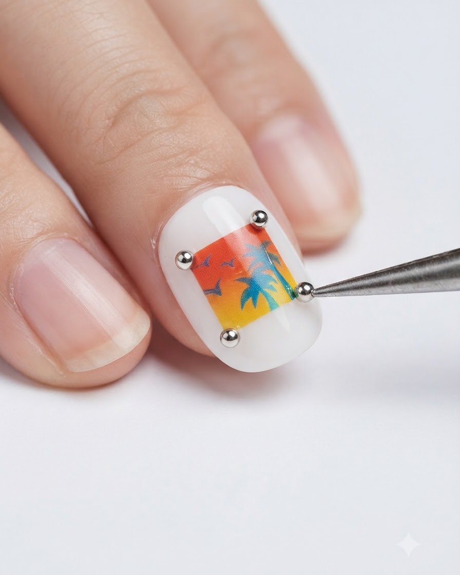 Eine Pinzette platziert kleine silberne Metallnieten an den Ecken eines quadratischen Postkarten-Nageldesigns.