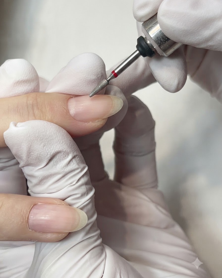 Ein elektrischer Fräser mit einem feinen, konischen Diamantbit reinigt vorsichtig den Nagelhautbereich eines Naturnagels.