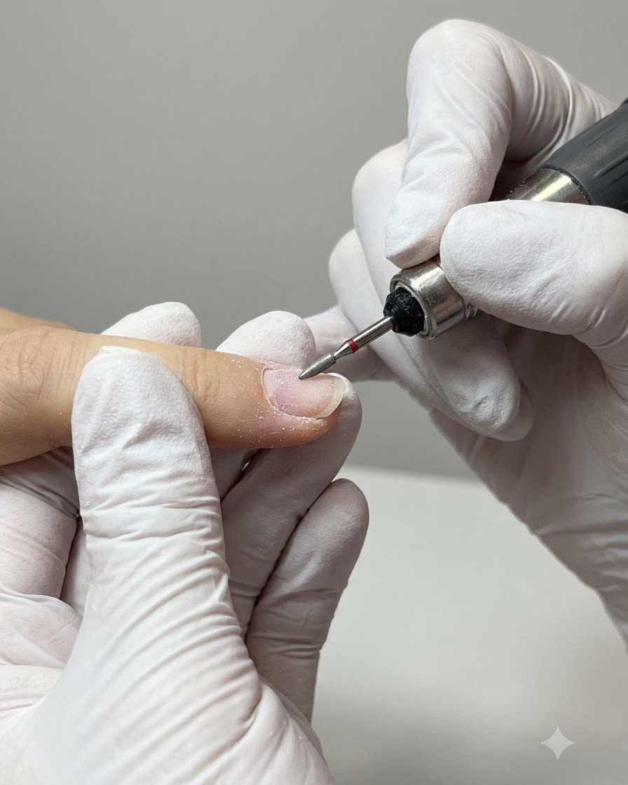 Eine Bürste mit weichen Borsten entfernt weißen Nagelstaub von vorbereiteten Fingern.