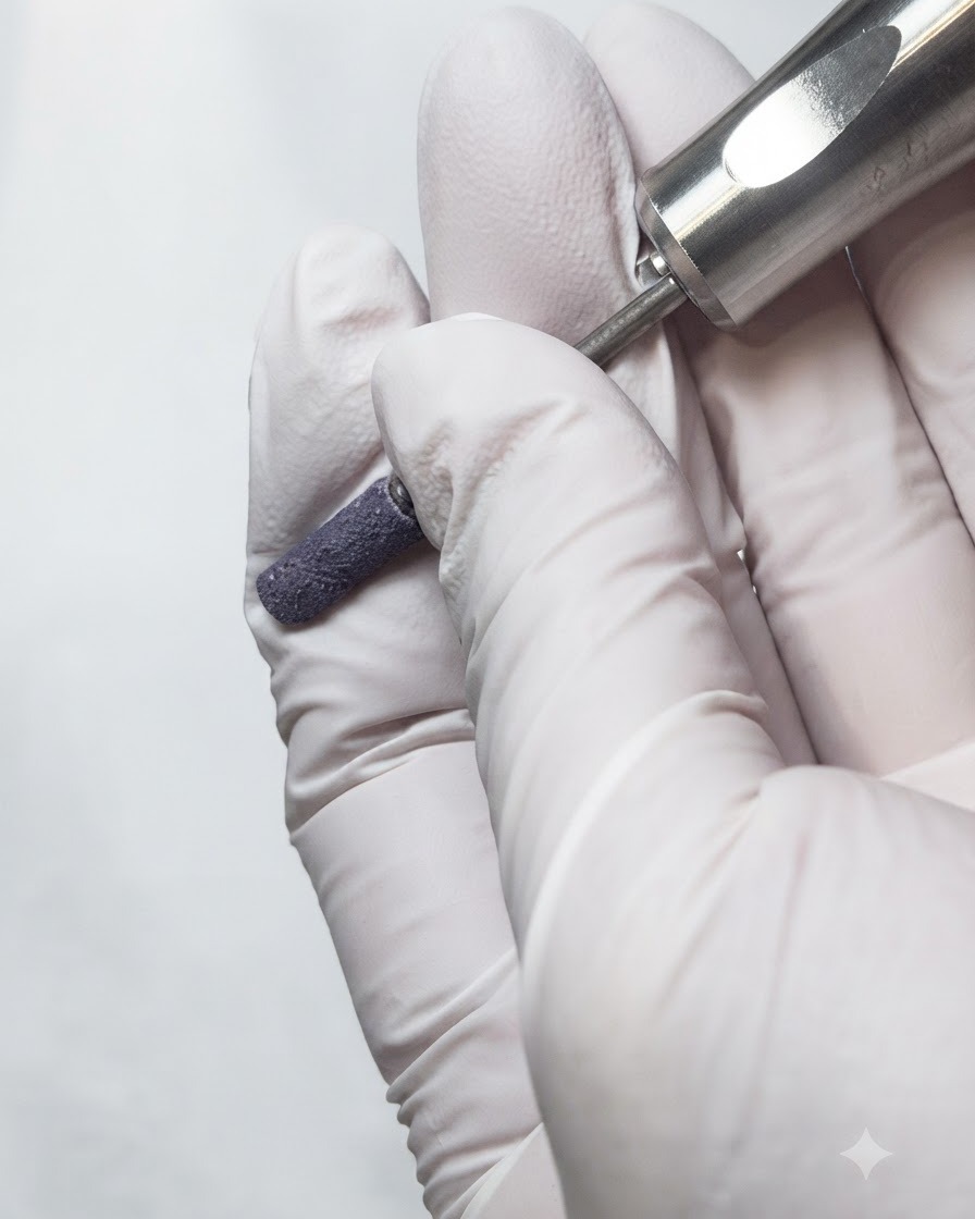 Hände in weißen Handschuhen halten ein elektrisches Fräserhandstück mit aufgesetztem Mandrel-Bit.