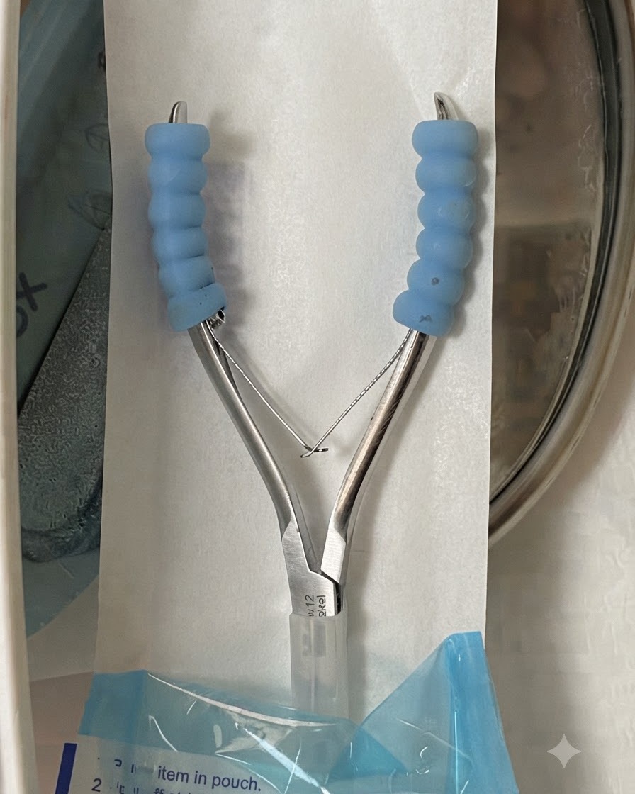Eine sterilisierte Hautzange aus Metall liegt in einem geöffneten Verpackungsbeutel.