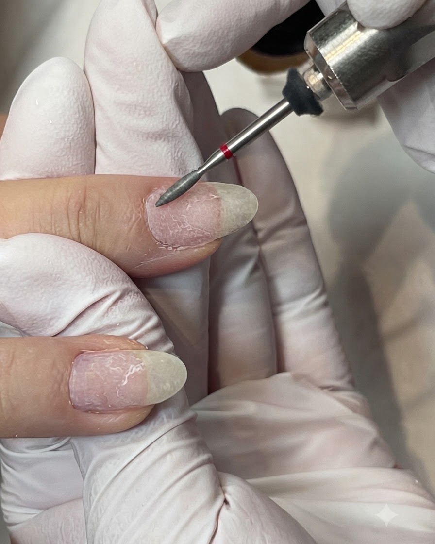 Eine behandschuhte Hand verwendet einen feinen Flammen-Fräserbit, um die Ränder eines Naturnagels zu verfeinern.