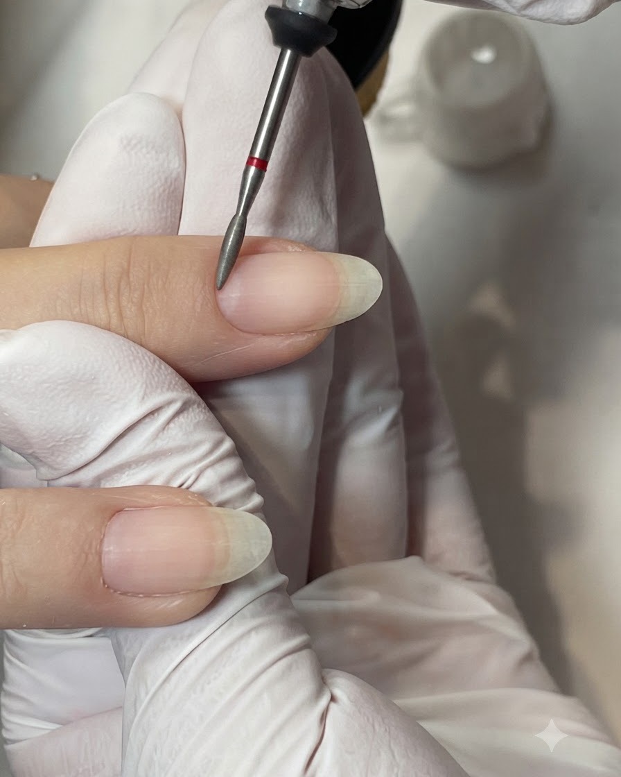 Nahaufnahme eines sauberen Naturnagels, der nach dem letzten Entstauben für den Gelauftrag bereit ist.