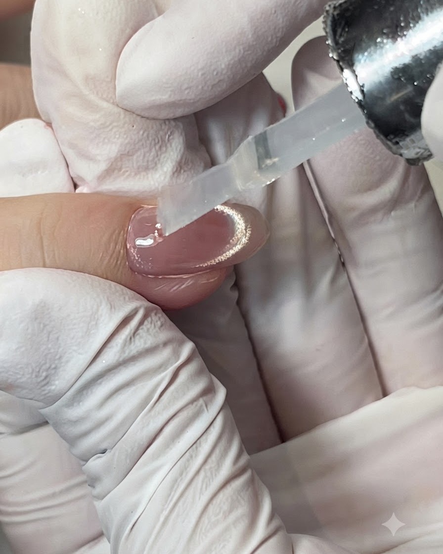 Eine behandschuhte Hand hält einen Pinselapplikator über eine Flasche mit pfirsich-rosafarbenem Blooming Gel.