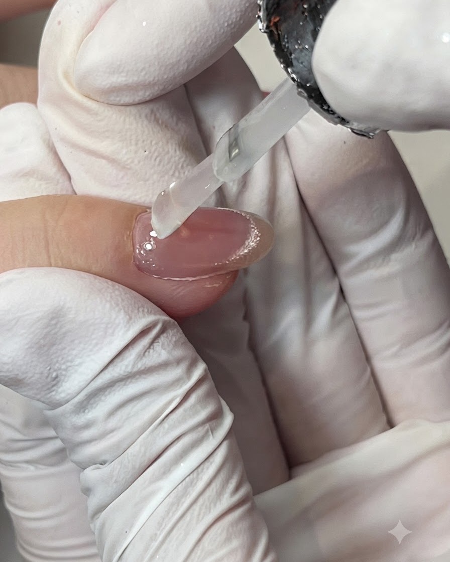Eine behandschuhte Hand tupft Nagellack auf einen Schwamm-Applikator.