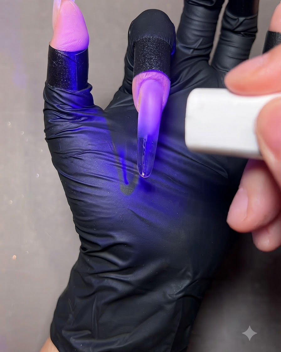Ein Finger mit einer klaren Nagelverlängerung unter dem violetten Licht einer tragbaren UV- und LED-Lampe.