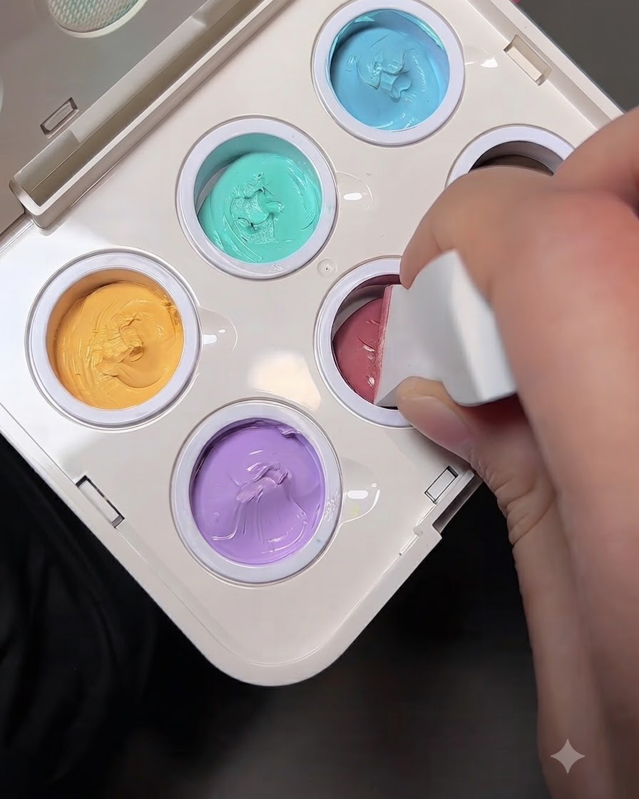 Ein weißer Make-up-Schwamm wird in eine kleine Vertiefung aus pfirsichfarbenem Gel auf einer Mischpalette gedrückt.