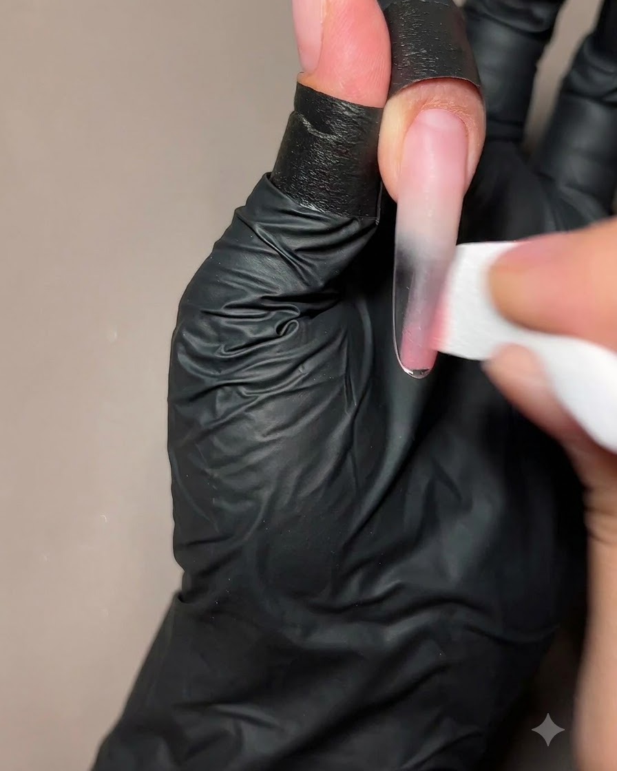 Eine Hand tupft mit einem Make-up-Schwamm sheer peach Gel auf die untere Hälfte einer langen Nagelverlängerung.