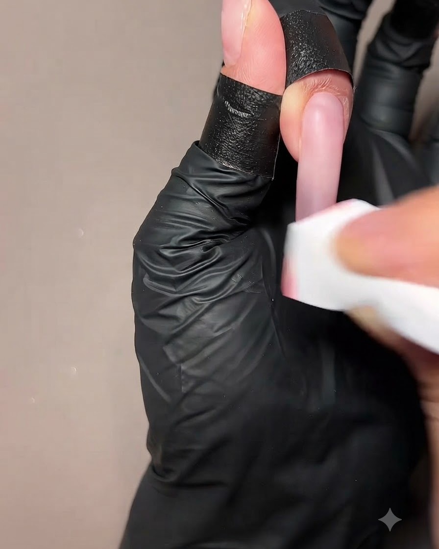 Eine Hand wischt die freie Kante einer Nagelverlängerung mit einem Reinigungstuch ab.