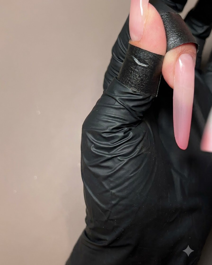 Ein behandschuhter Finger zeigt eine auf eine lange Nagelverlängerung aufgetragene Pfirsich-Ombré-Schicht.