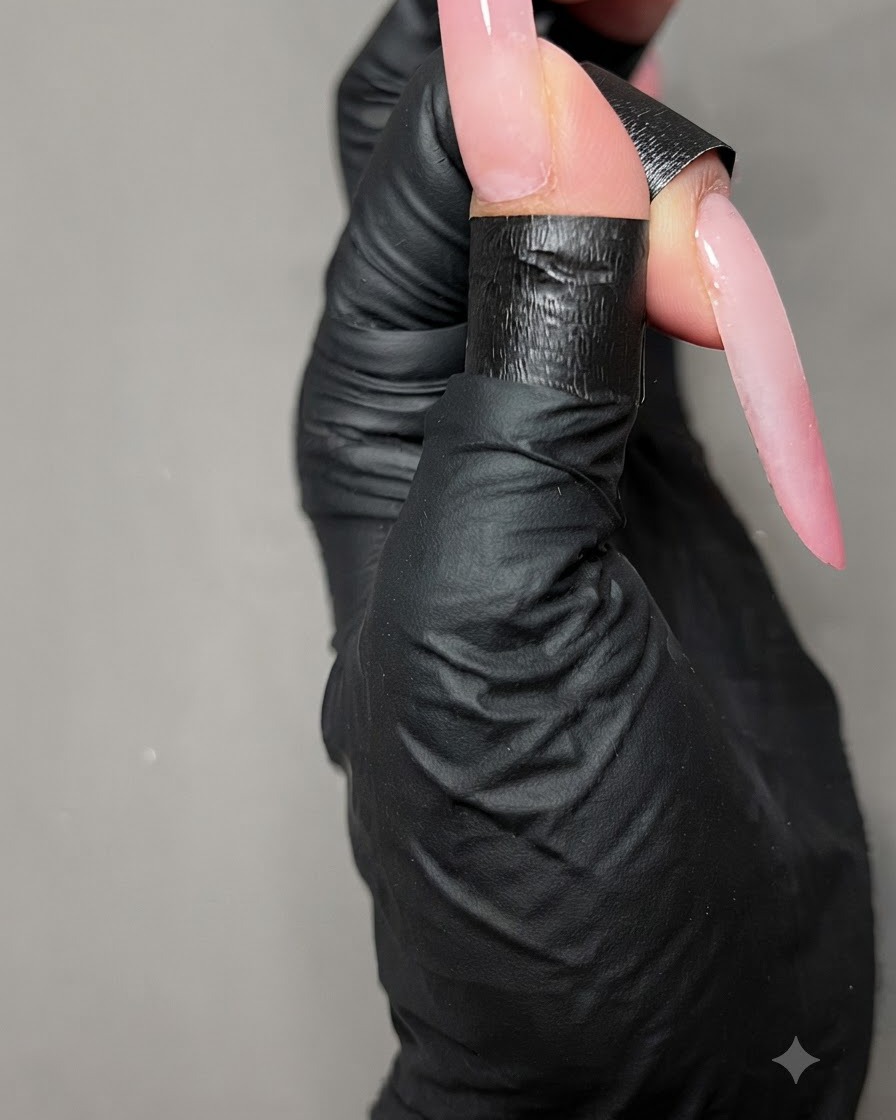 Nahaufnahme einer langen Nagelverlängerung während des Aushärtevorgangs.