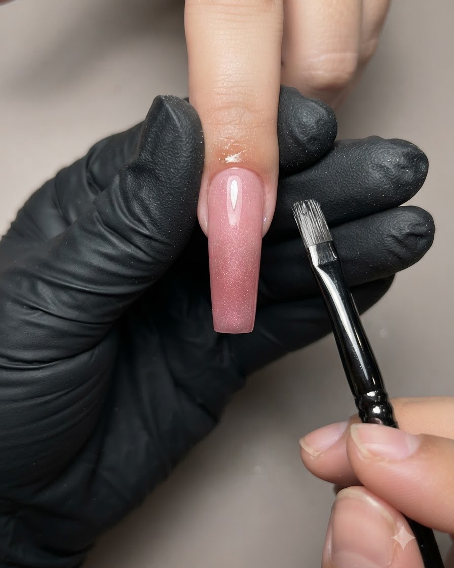 Ein Magnetwerkzeug wird in die Nähe eines manikierten Nagels gehalten, um Cat-Eye-Gelpigmente zu formen.