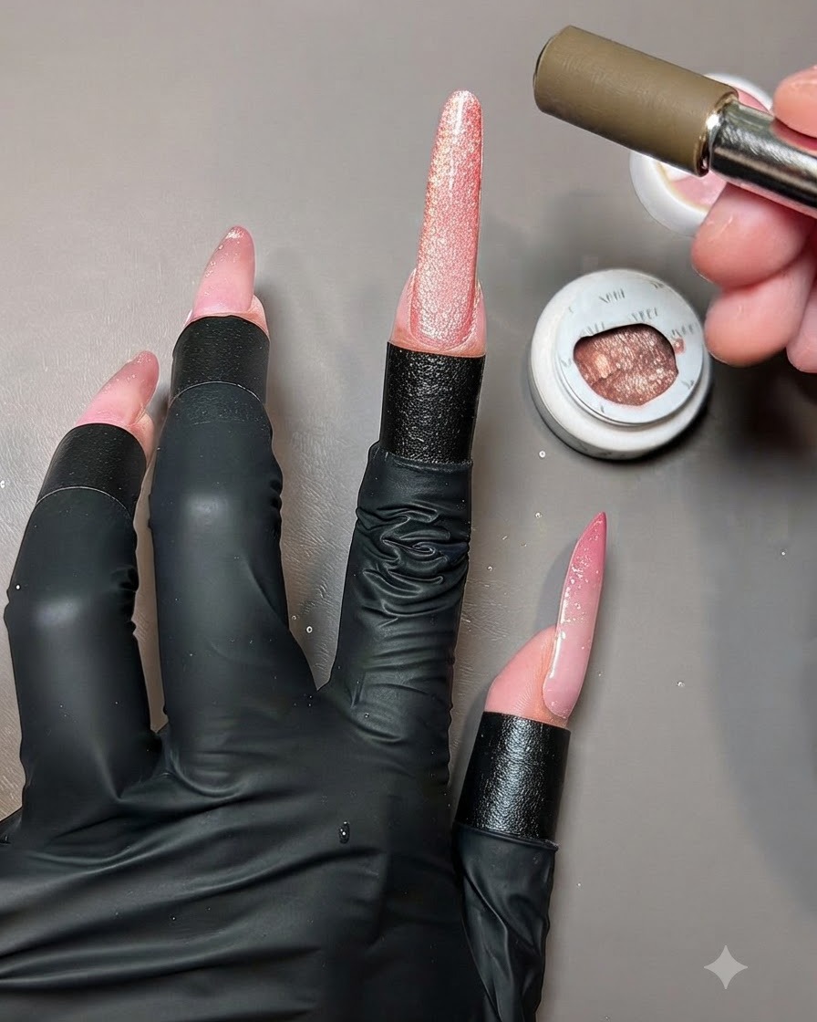 Ein Magnet formt die Cat-Eye-Reflektion auf einer Hand mit mehreren fertigen Nagelverlängerungen.
