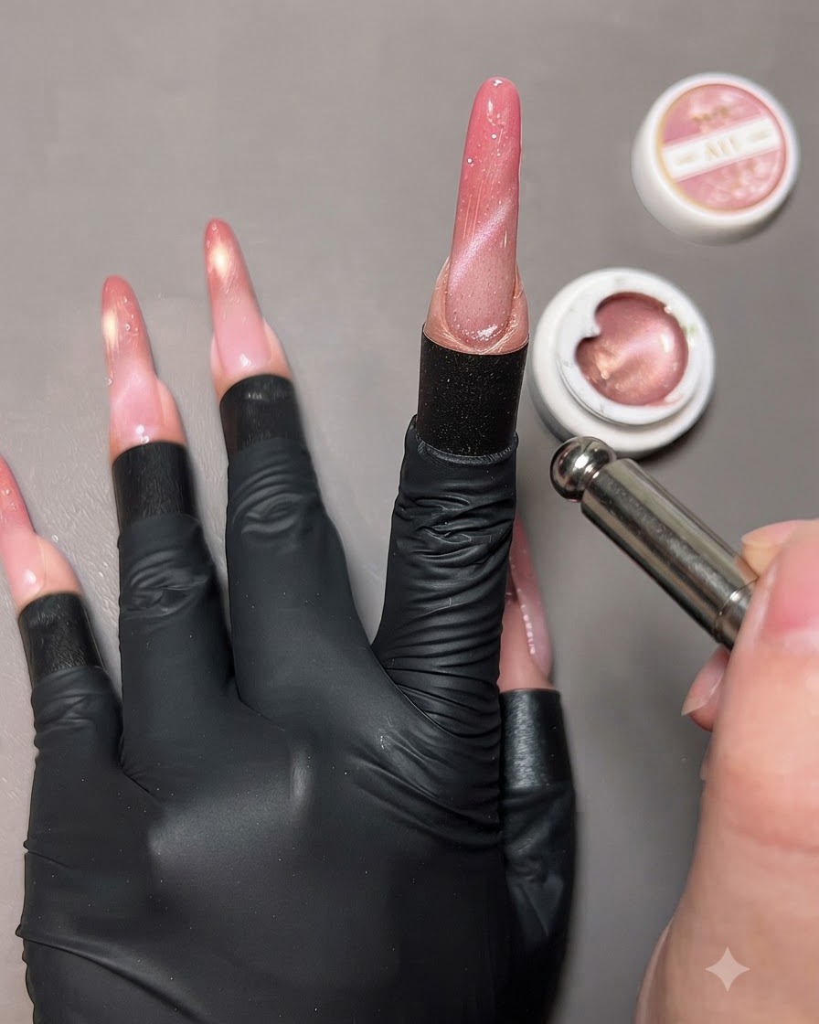 Ein Magnetwerkzeug in der Nähe einer Hand mit fertigen Cat-Eye-Gelnägeln, umgeben von offenen Geltöpfen.