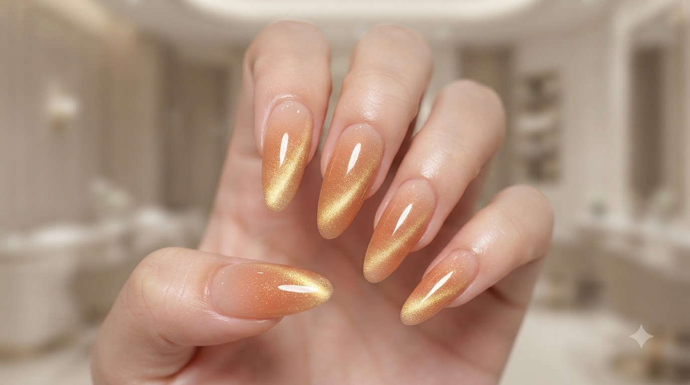 Pfirsich Ombré und Gold Cat-Eye Gelnägel — Schritt-für-Schritt-Anleitung