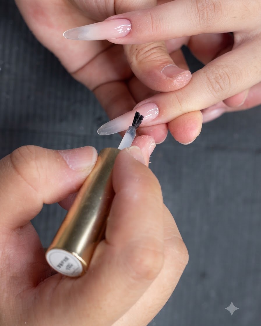 Nahaufnahme einer Hand, die einen transparenten Nude-Unterlack mit einem Pinsel auf einen Naturnagel aufträgt.