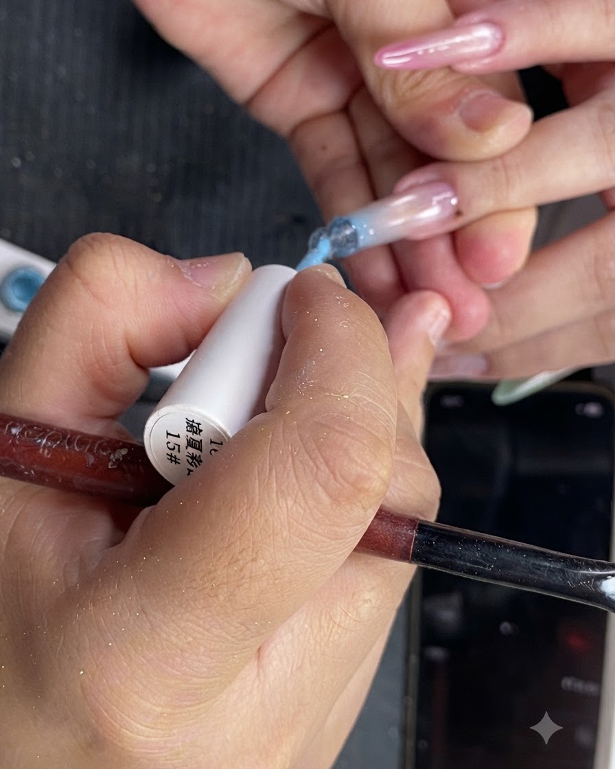 Nahaufnahme von transluzentem gelbem Gel-Nagellack, der auf die obere Hälfte eines Ringfingernagels aufgetragen wird.