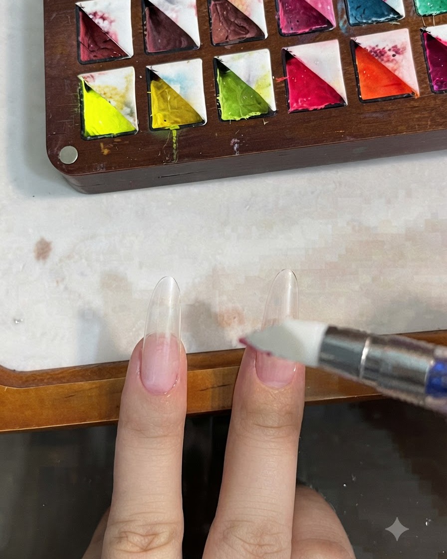 Ein Silikon-Nagelpinsel trägt Base Gel auf die vorbereitete Naturnagelplatte auf.