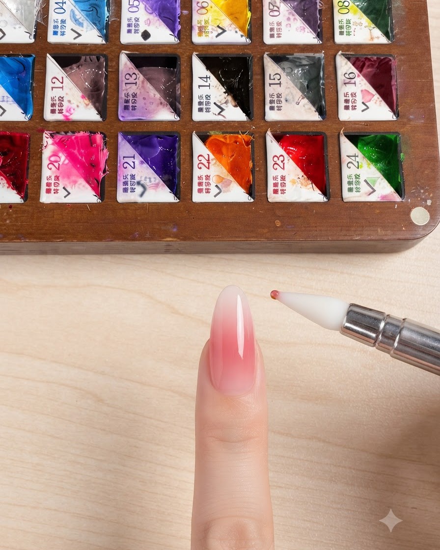 Ein Silikon-Nagelwerkzeug trägt einen kleinen Punkt gelbes Gel auf die Spitze eines mandelförmigen Nagels mit rosa Blush-Basis auf.