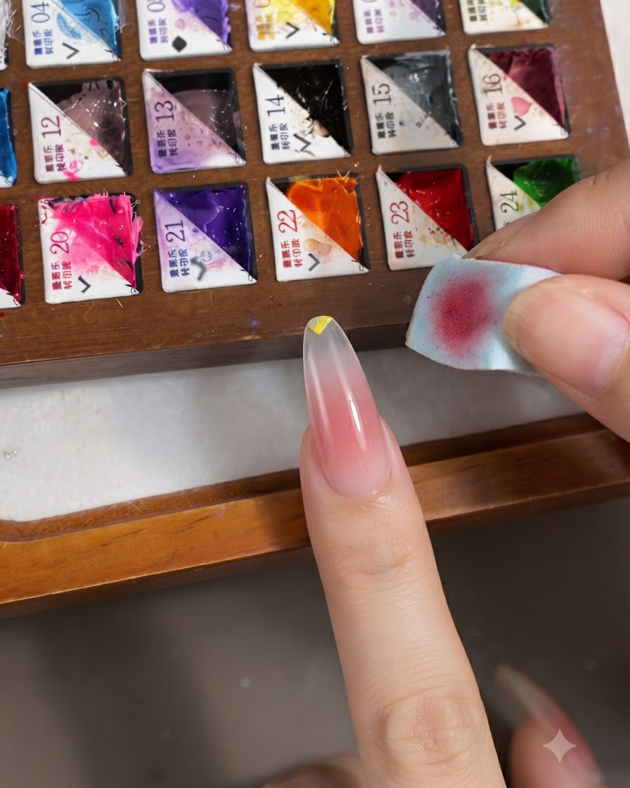Eine Hand hält ein kleines Stück Kosmetikschwamm und tupft leicht das gelbe Gel an der Nagelspitze auf, um es in die rosa Basis zu verblenden.