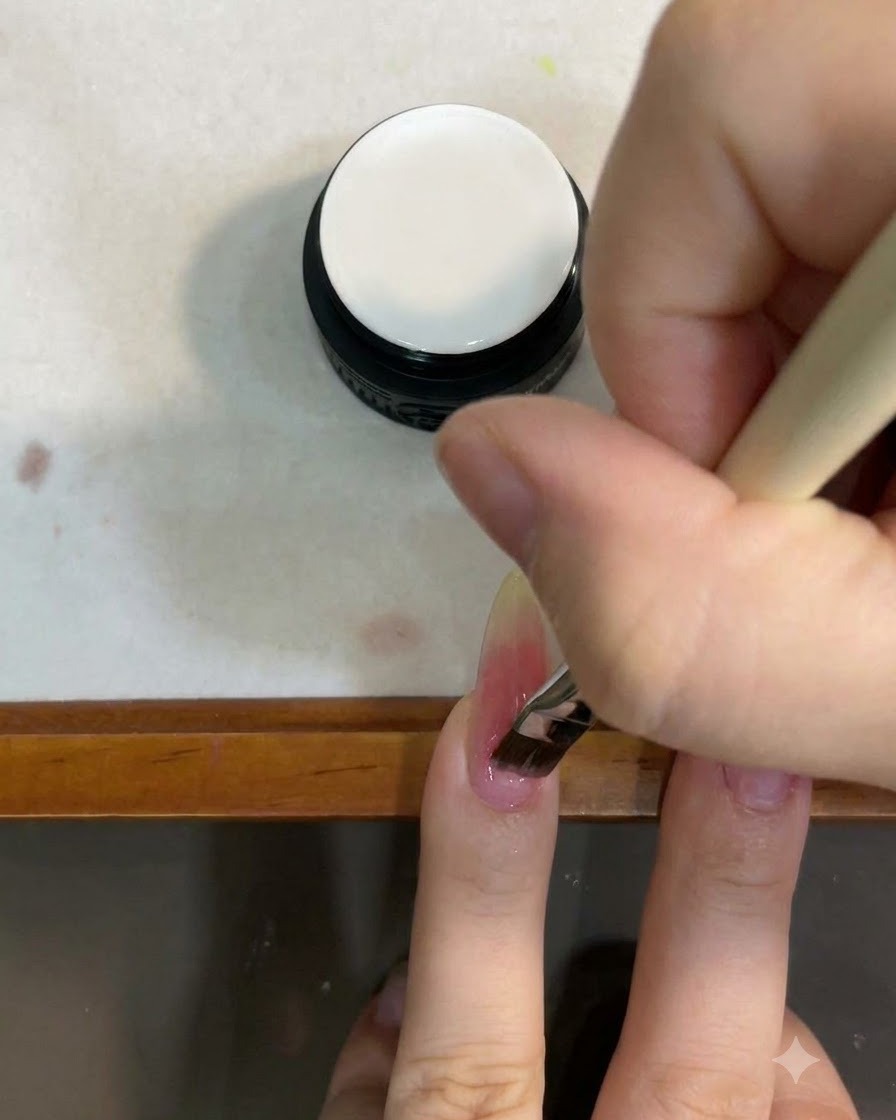 Ein Pinsel trägt eine Schicht milchig weißes Cat-Eye-Gel über einen Gradienten-Nagel auf.