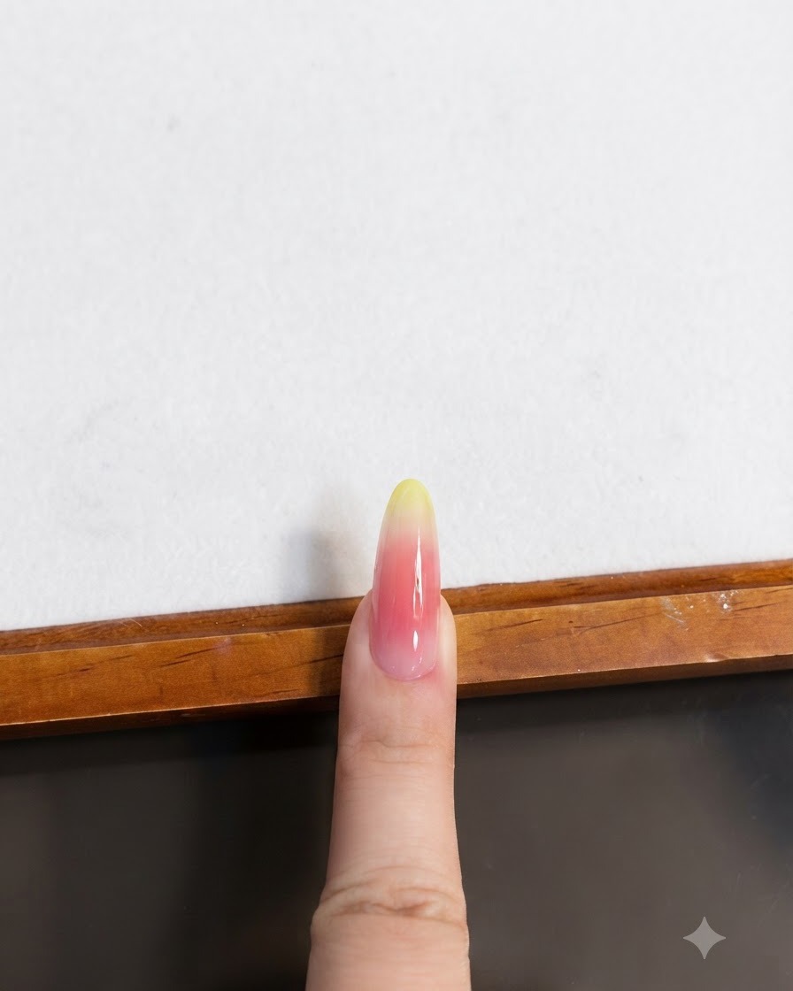 Ein manikürter Finger wird unter einer Nagellampe positioniert, um die Cat-Eye-Schicht auszuhärten.