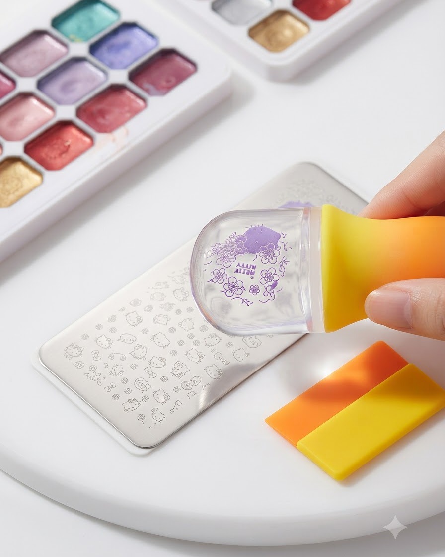 Eine orangefarbene Abstreifkarte wischt überschüssiges lila Gel flach über eine Metall-Stamping-Platte.