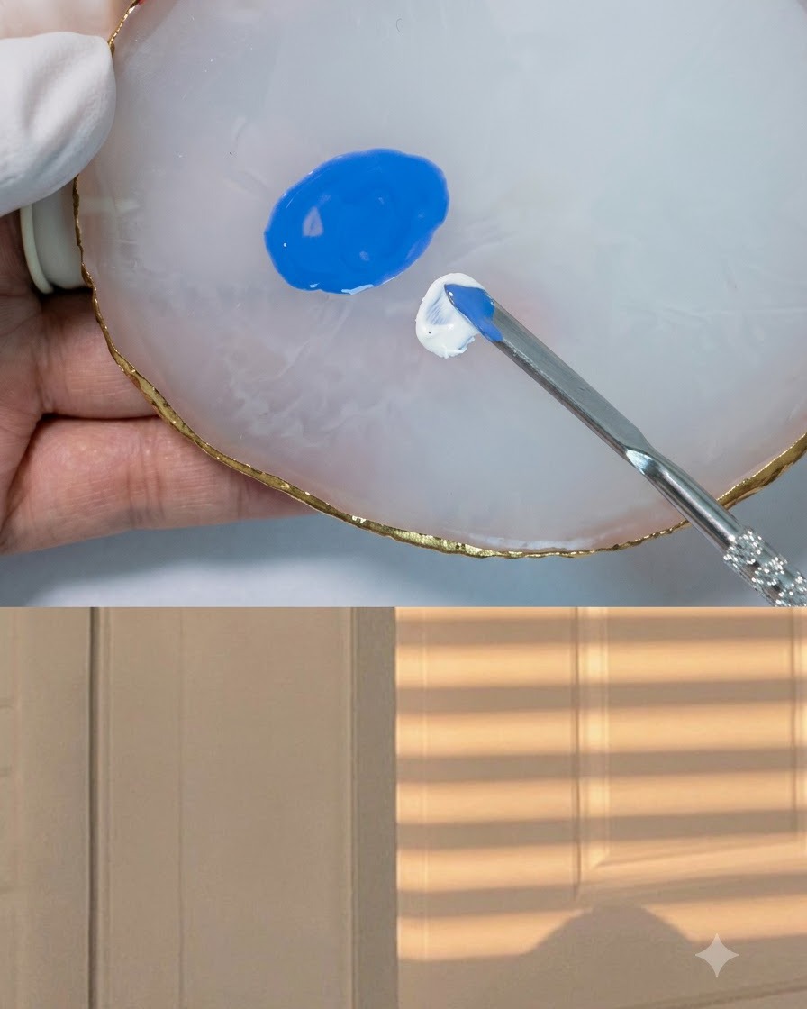 Ein Mischwerkzeug, das frisches weißes Gel in einen blauen Polierpool auf einer Palette einarbeitet.