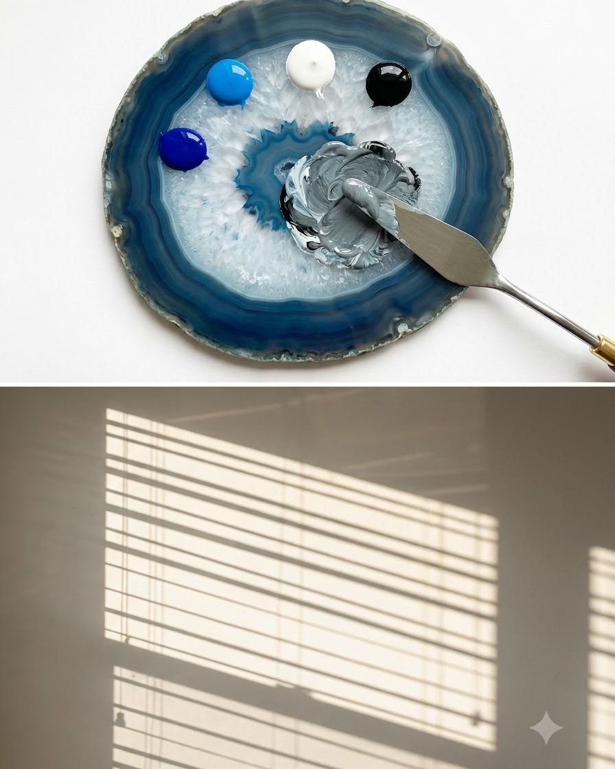Ein Spatel, der weißes und schwarzes Gel mischt, um einen glatten, hellgrauen Ton auf einer blauen Achat-Palette zu bilden.
