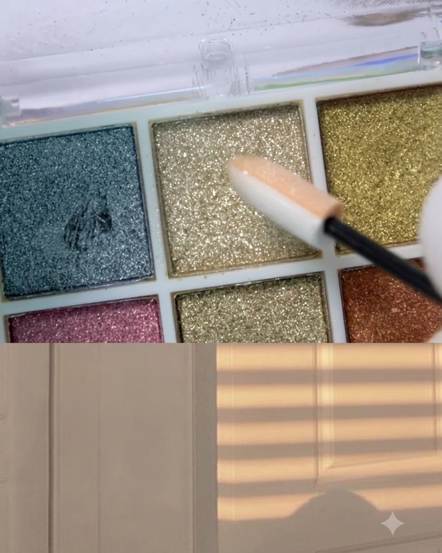 Ein Lidschatten-Applikator, der Champagner-Gold-Chrompuder von einer Make-up-Palette aufnimmt.