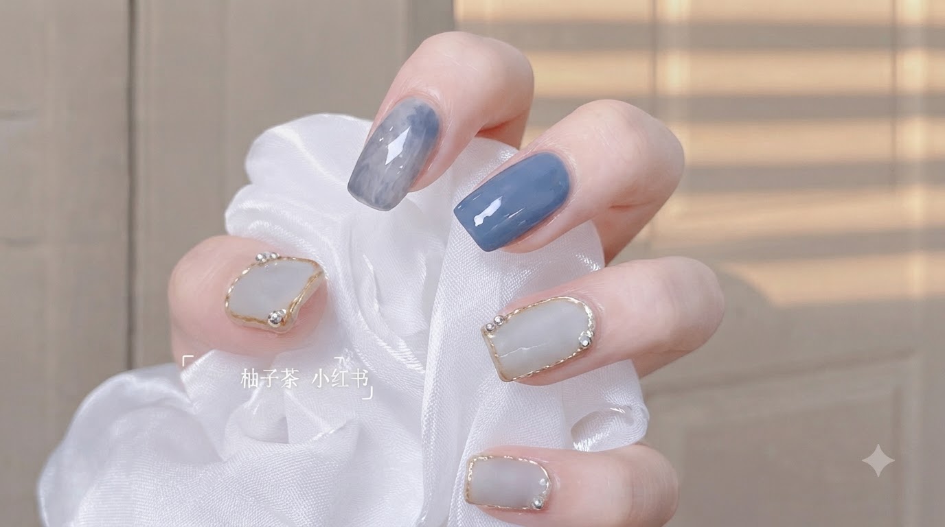 Nahaufnahme einer Hand mit dem fertigen romantischen Ozean-Nagelset, mit Blau-Lila-, Grau-Blau- und weichen Graubasen mit Marmoreffekten und erhabenen Goldchrom-Rändern.