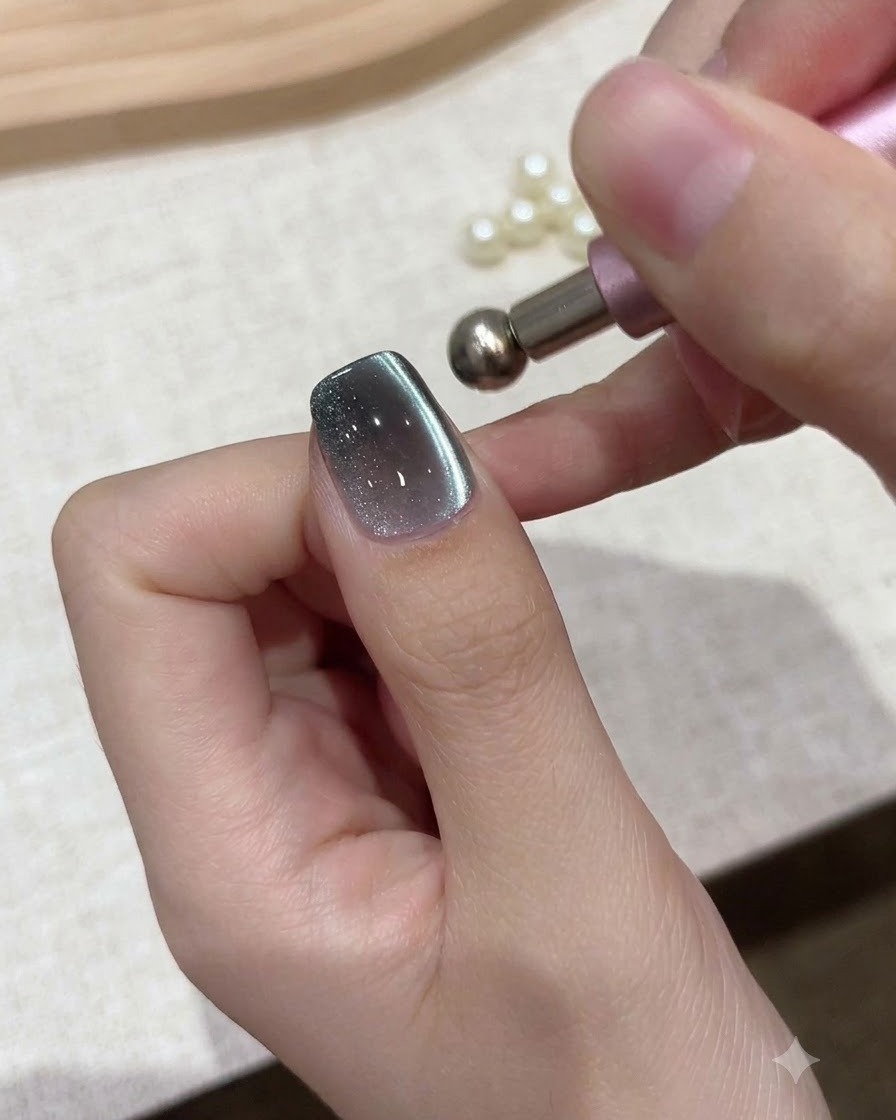Ein kleines kugelförmiges Magnetwerkzeug wird nah an den Nagelhautbereich eines gelackten Nagels gehalten, um Schimmerpartikel zu verschieben.