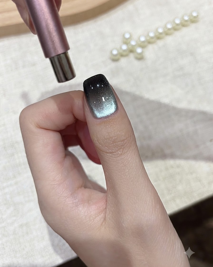Ein zylindrischer Magnet schwebt nahe am rechten Rand eines mit Cat-Eye-Gel lackierten Nagels.
