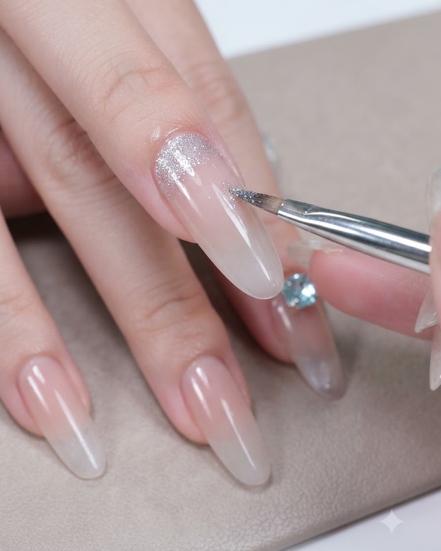 Detailaufnahme eines Nagelpinsels, der Crush-Diamant-Gel und silberne Pailletten nahe dem Nagelbett eines Nagels aufträgt.