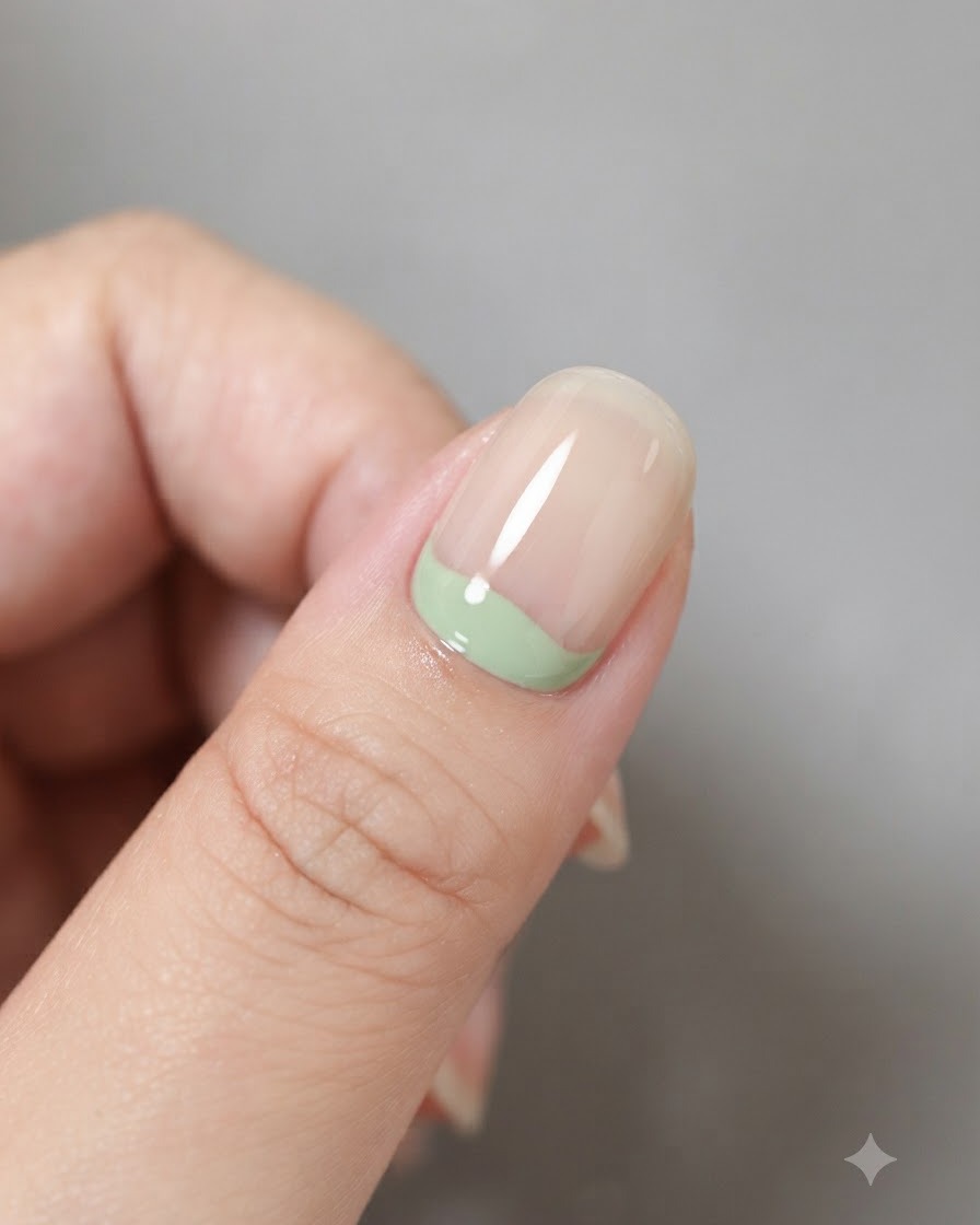 Nahaufnahme eines Fingernagels mit einem geschwungenen Band aus milchig-grünem Gel im Nagelhautbereich.