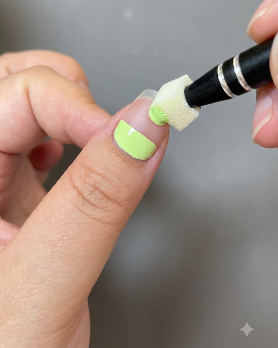 Ein kleiner Schwamm, der die Kante des grünen Gels auf einem Fingernagel abtupft.