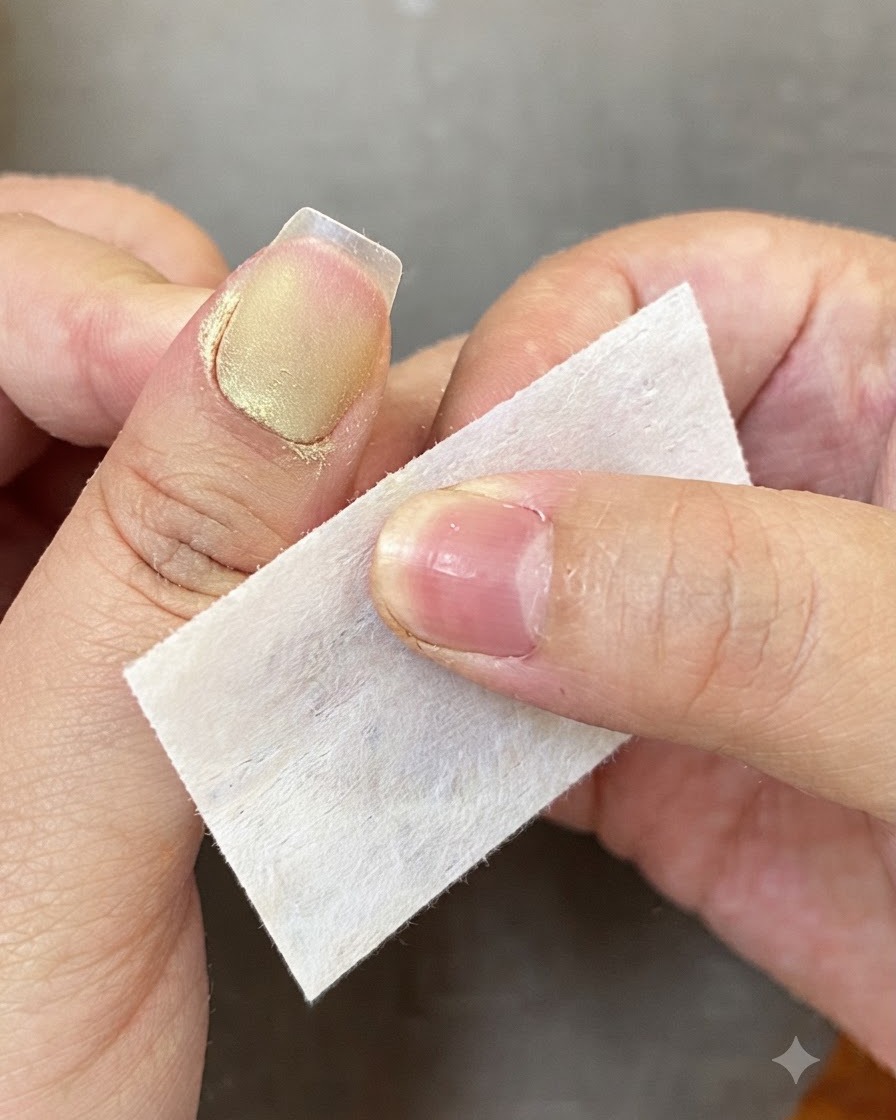 Ein fusselfreier Cleaner-Pad reinigt den Nagelhautbereich eines vorbereiteten Nagels.