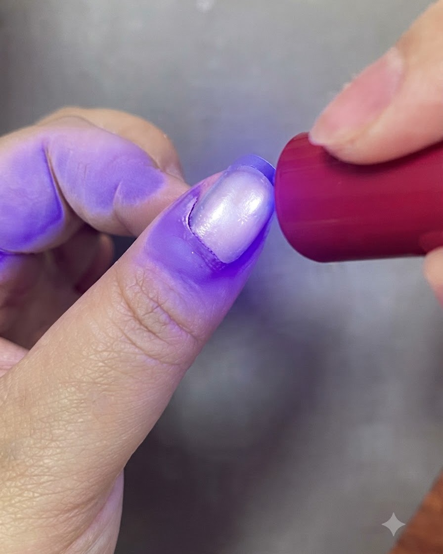 Ein Fingernagel härtet unter dem violetten Licht einer UV-Nagellampe aus.