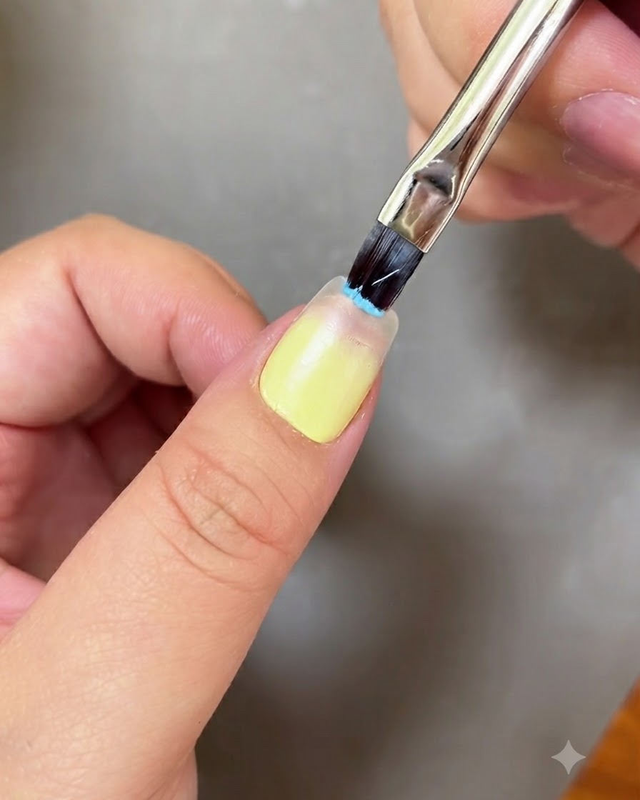 Ein Pinsel trägt hellblaues Gel auf die Spitze eines Fingernagels auf.