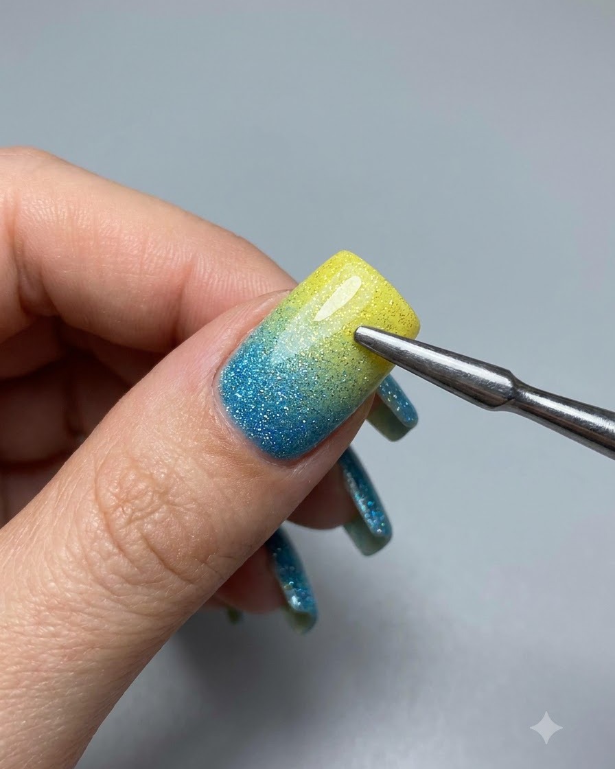 Ein Metallwerkzeug mit einem Glasperlen-Magneten wird dicht über einen glitzernden Nagel gehalten.