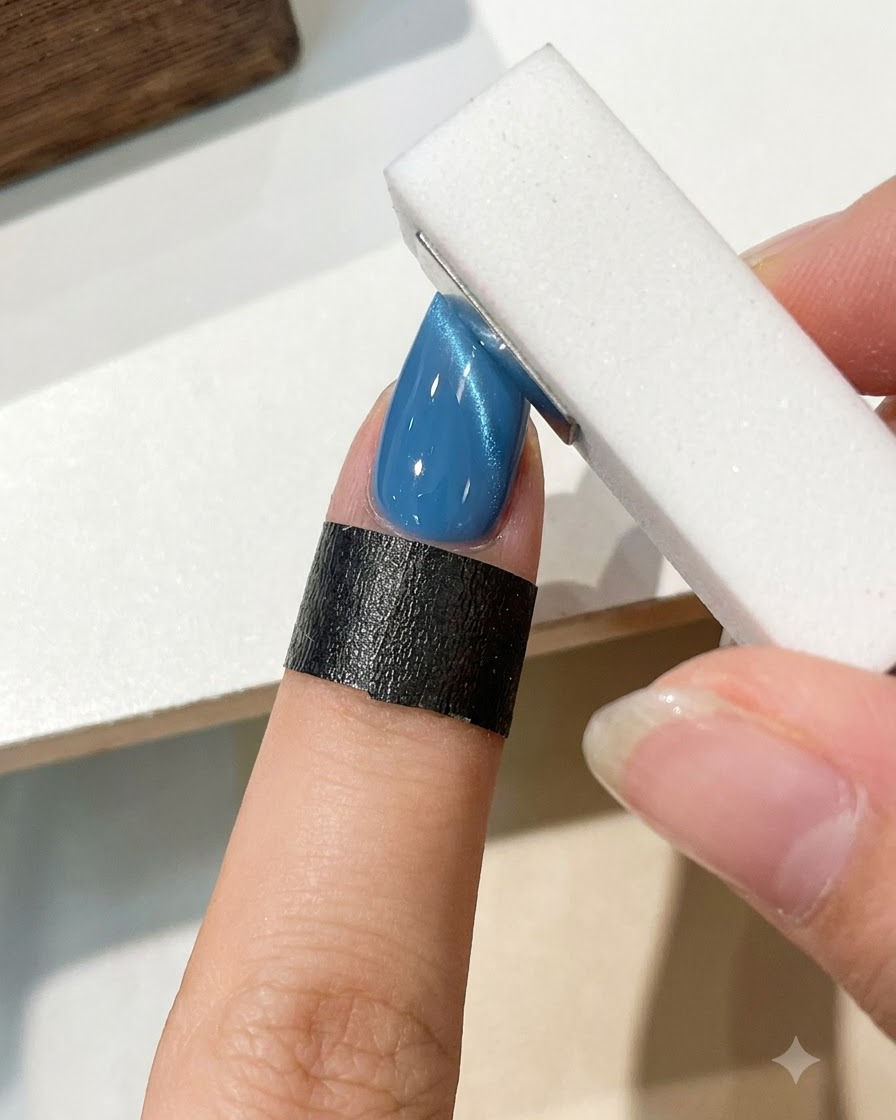 Ein Pinsel trägt einen glänzenden klaren Top Coat über einen gestylten blauen Cat-Eye-Nagel auf.