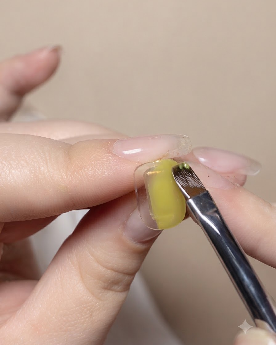 Ein Detailpinsel trägt grüne und blaue Solid Gels auf gegenüberliegende Seiten eines Nagels auf.