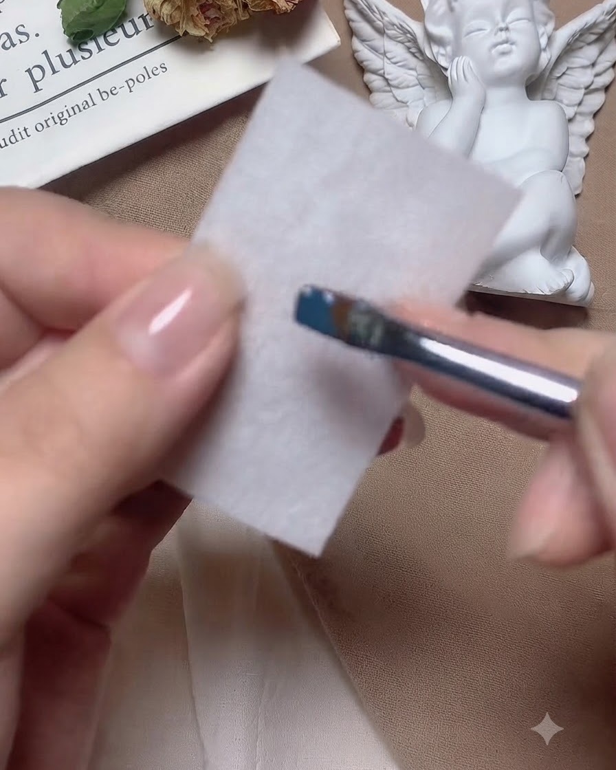 Ein Nagelpinsel wird auf einem weißen Reinigungstuch gründlich abgewischt.