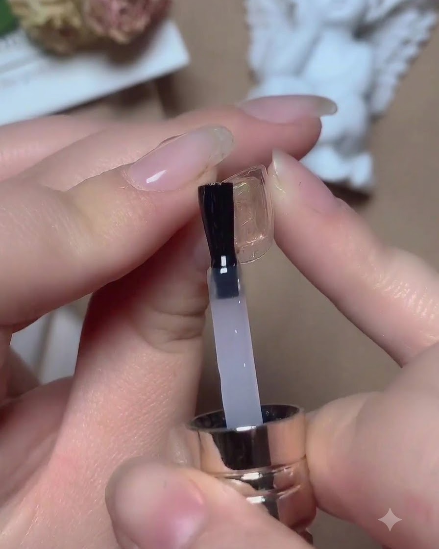 Ein Pinsel trägt in einer Nahaufnahme einen klaren Base Coat auf einen naturbelassenen Nagel auf.