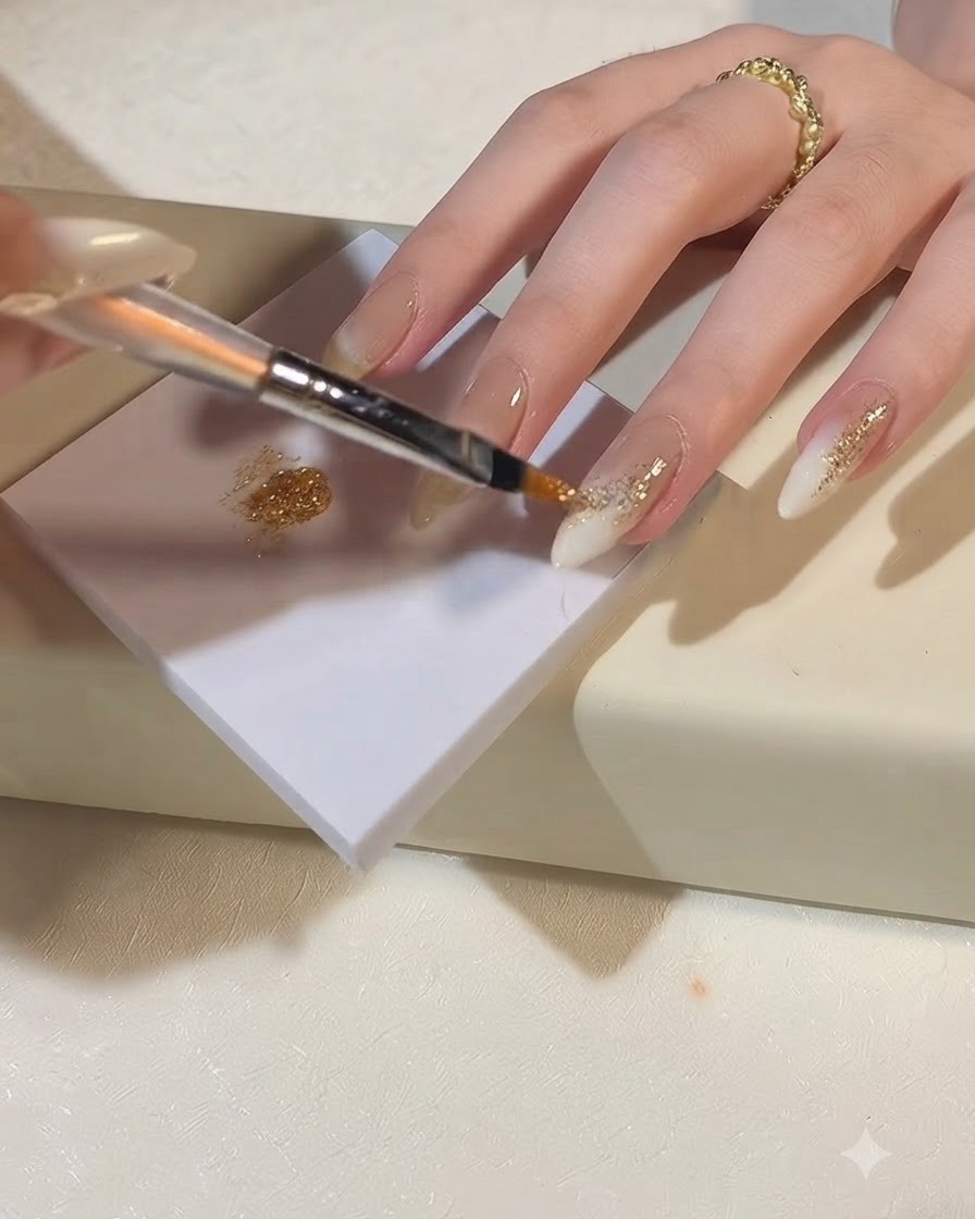 Ein Pinsel tupft champagnergoldenen Glitzer auf eine Akzentzone nahe der Nagelbasis.