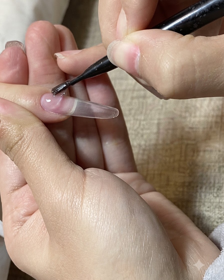Ein feiner Pinsel trägt einen Tropfen klares Aufbaugel auf eine lange Nagelverlängerung auf.cite: 1