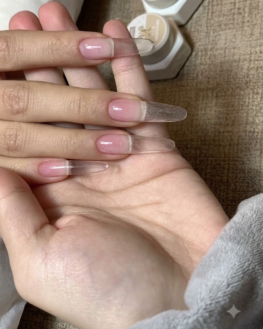 Ein Tiegel MC Mocha Farbgel Nuance 01 steht auf einem Tisch neben einer Hand mit vorbereiteten Nagelverlängerungen.cite: 1